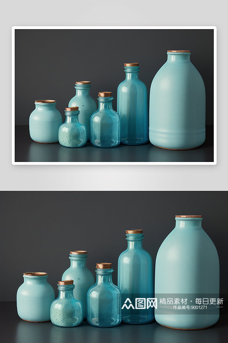 绿松石陶瓷瓶与天蓝玻璃瓶的静物油画素材