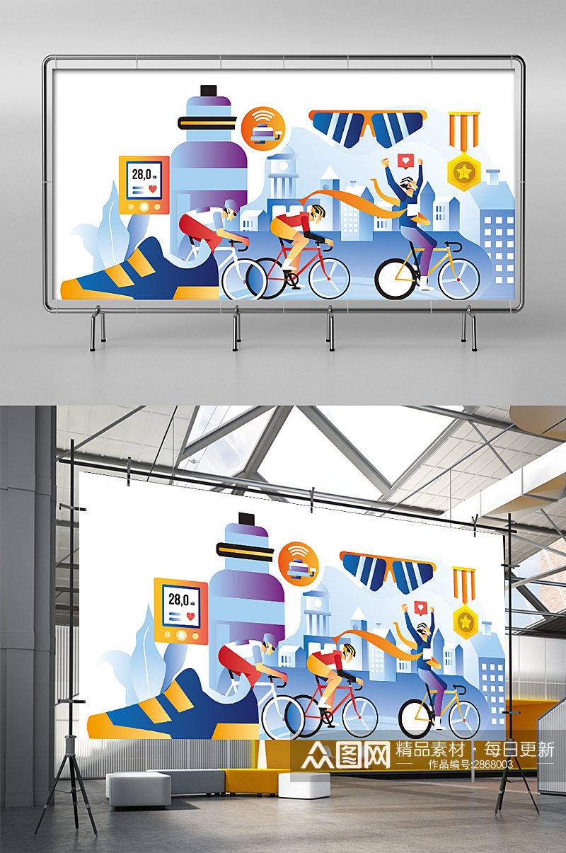 手绘骑自行车运动会插画海报素材