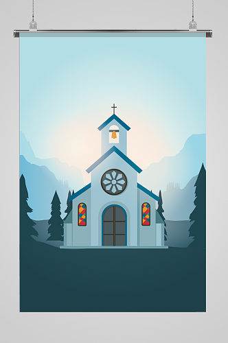手绘教堂建筑插画海报