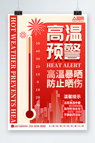 夏季红色高温预警提醒营销宣传海报
