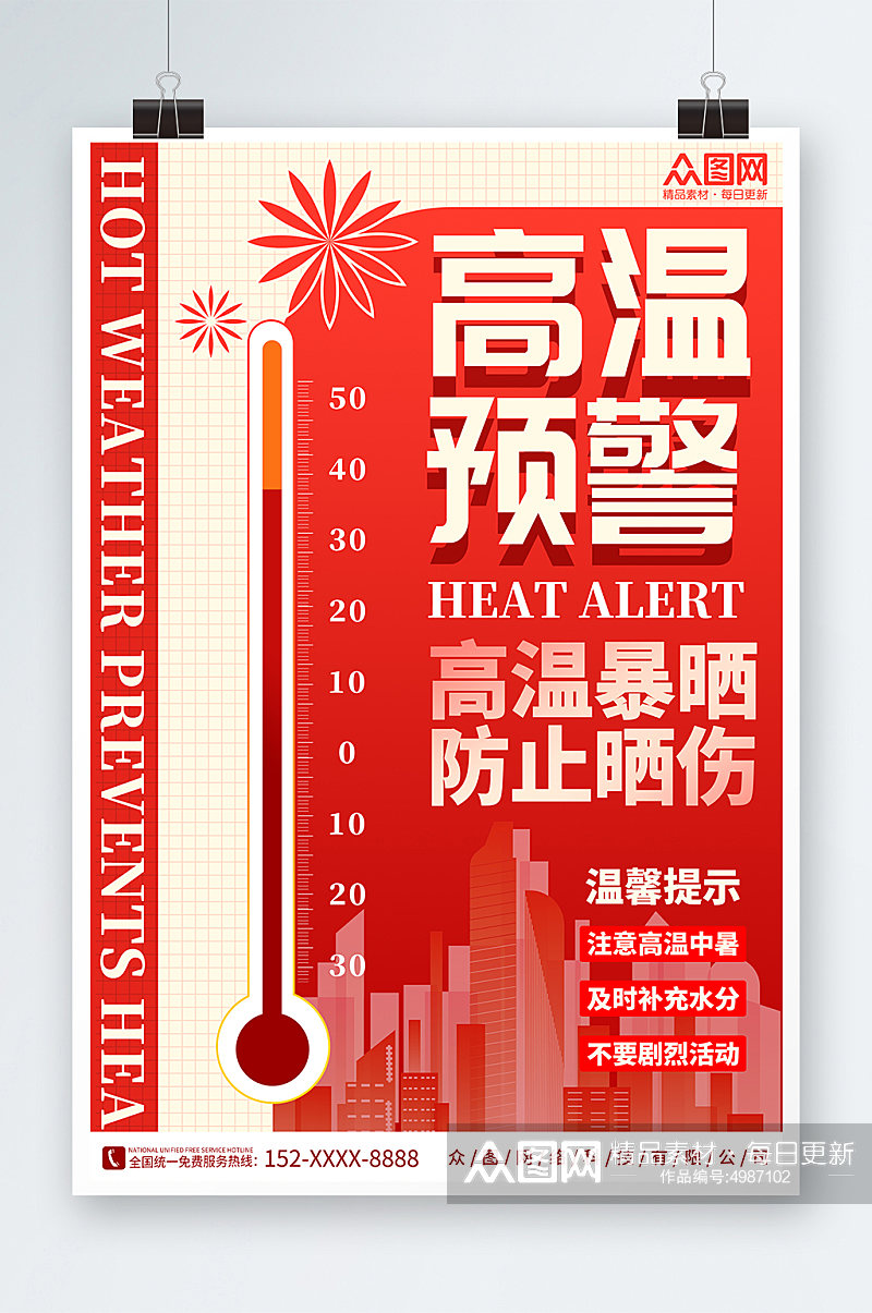 夏季红色高温预警提醒营销宣传海报素材