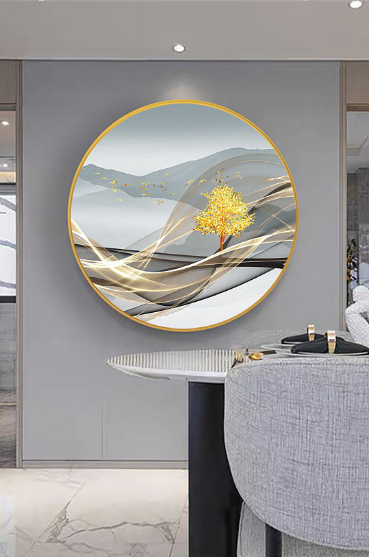 水墨山脉中式圆形挂画装饰画-众图网