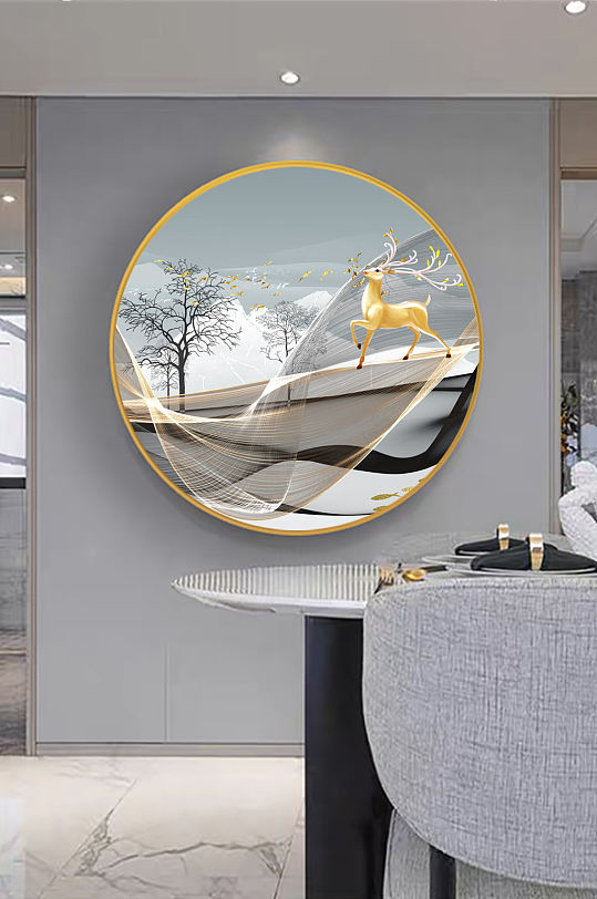 水墨麋鹿树风景画圆形挂画装饰画-众图网