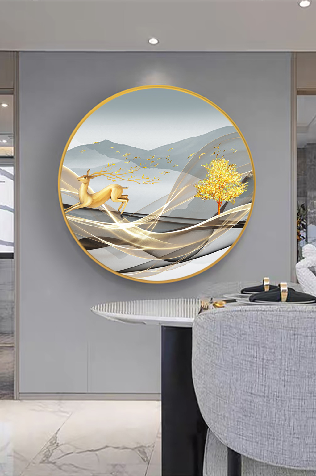 飞鸟麋鹿山脉圆形挂画装饰画素材