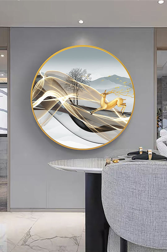 中式麋鹿山脉圆形挂画装饰画-众图网