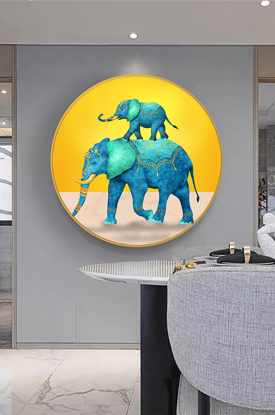 水彩大象圆形挂画装饰画