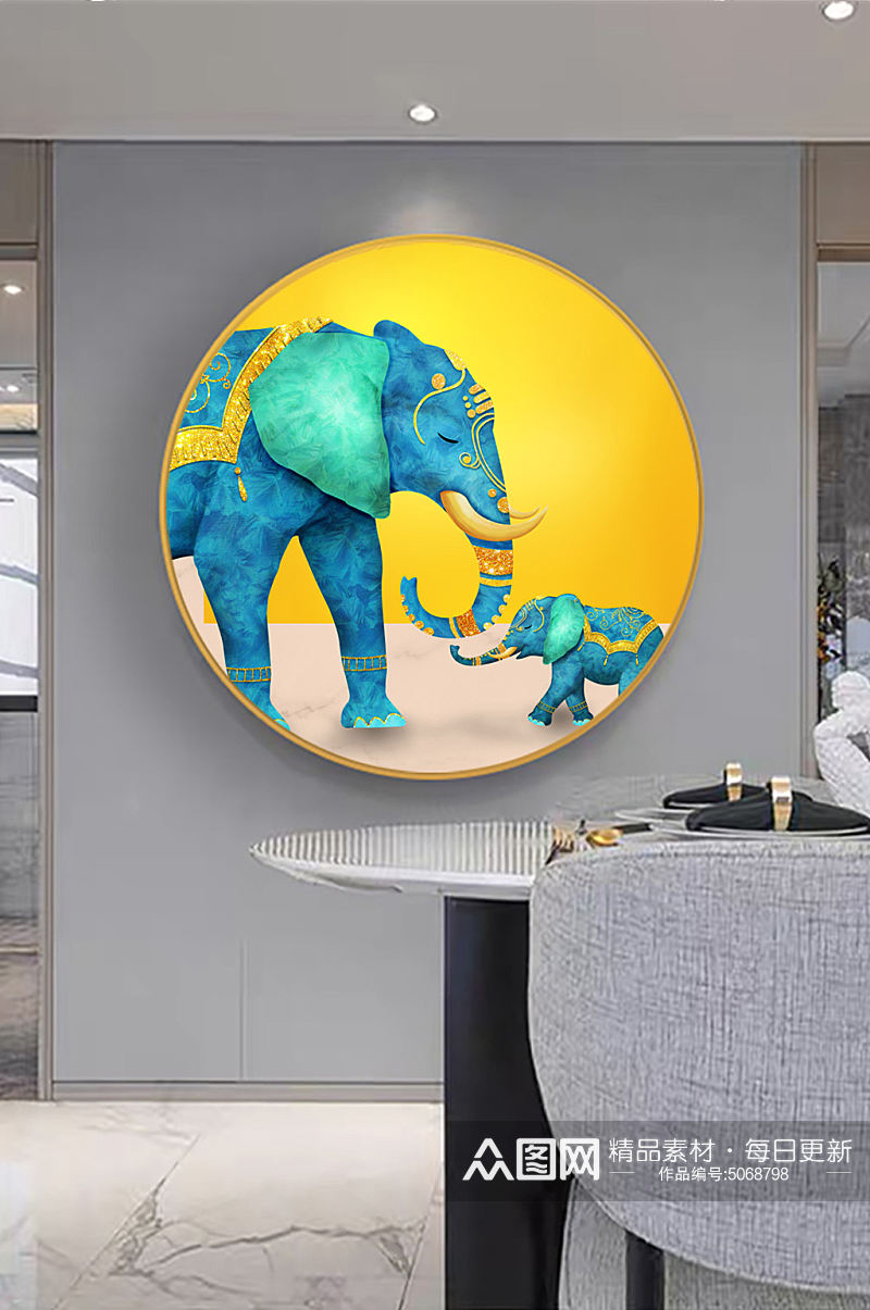 水彩大象圆形挂画装饰画素材