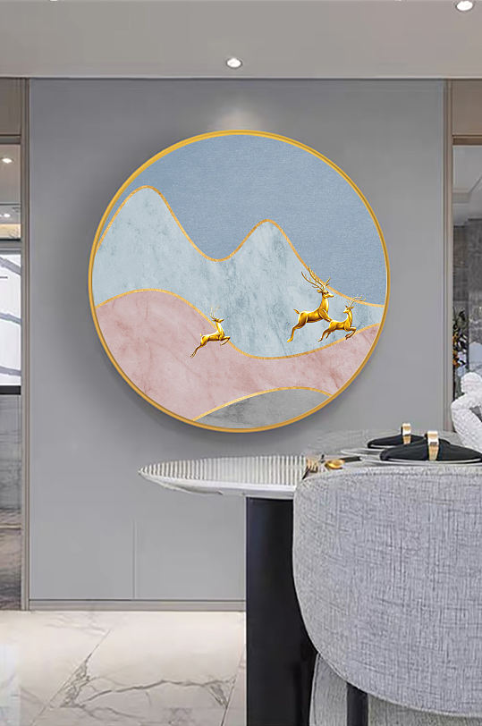 中式山脉麋鹿圆形挂画装饰画-众图网