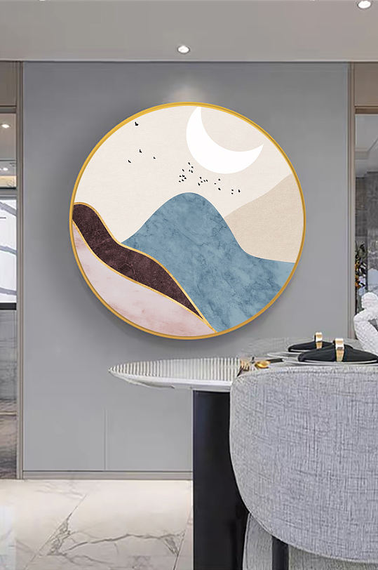 水墨山脉明月中式圆形挂画装饰画-众图网
