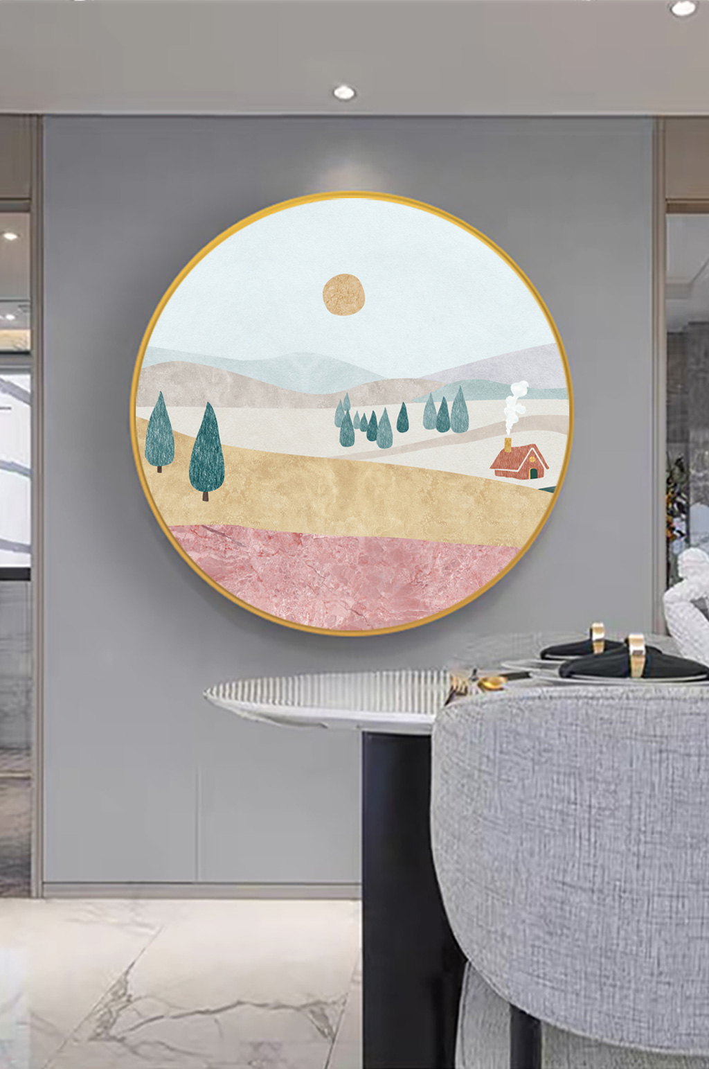 水彩树风景画圆形挂画装饰画素材