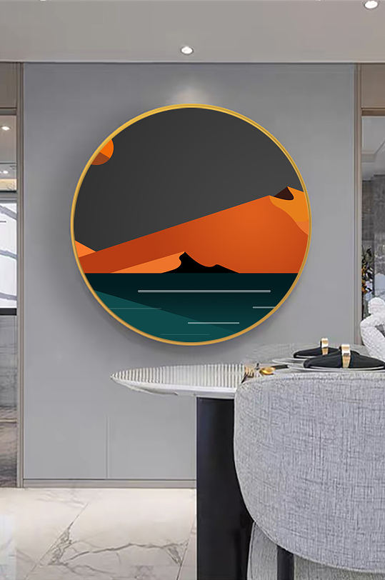 水彩山脉湖畔圆形挂画装饰画-众图网