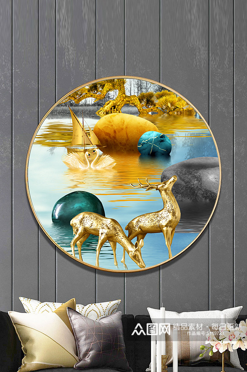 金箔麋鹿圆形装饰画素材