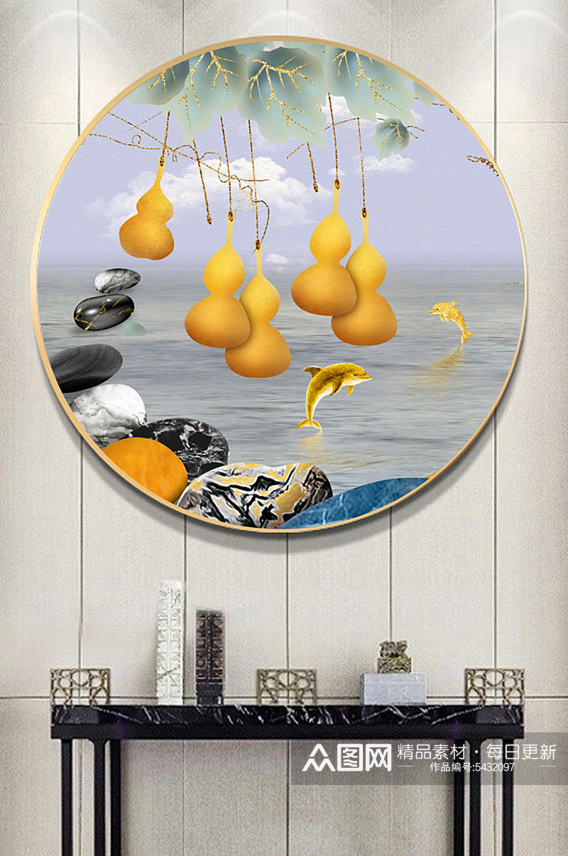 圆形金色海豚创意装饰画素材