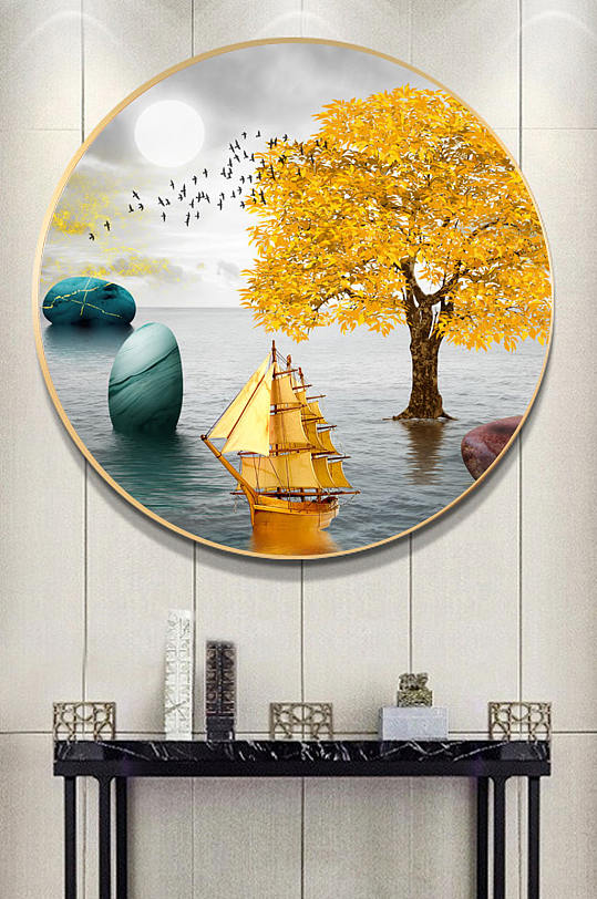 圆形树木帆船创意装饰画
