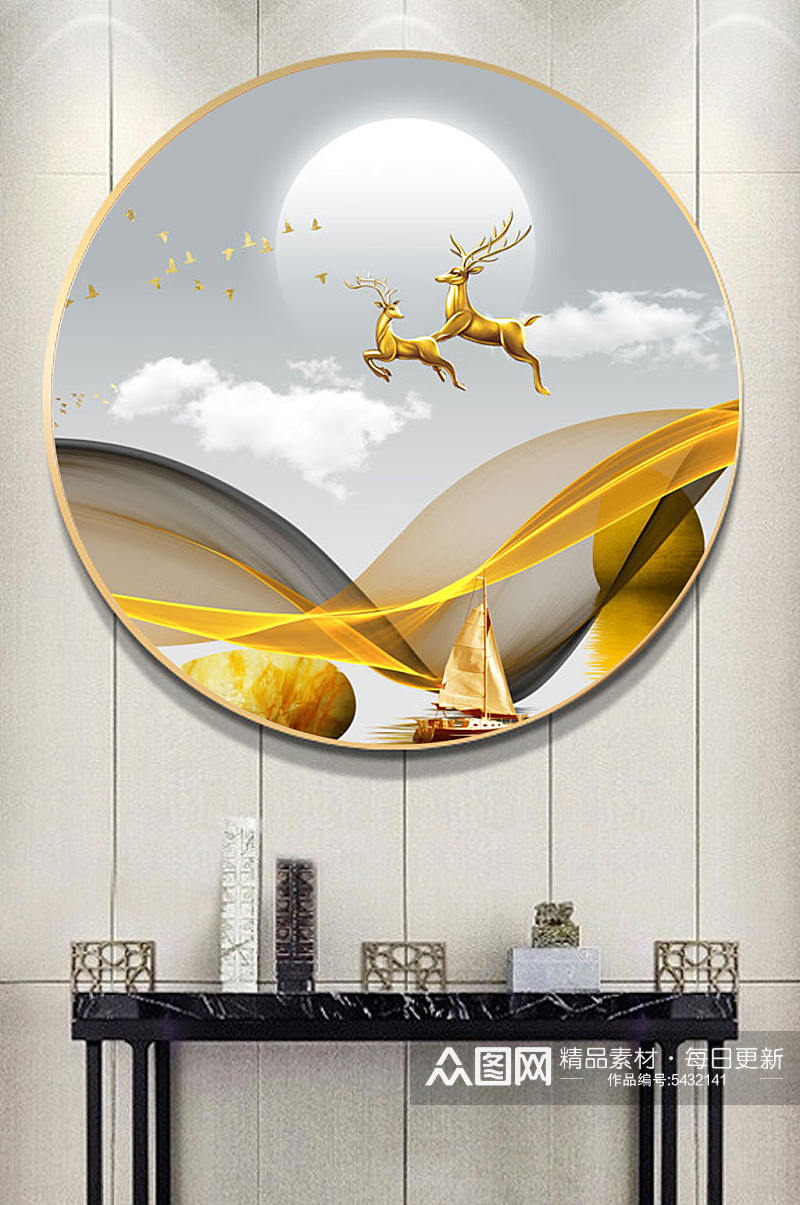 圆形金色鹿创意装饰画素材
