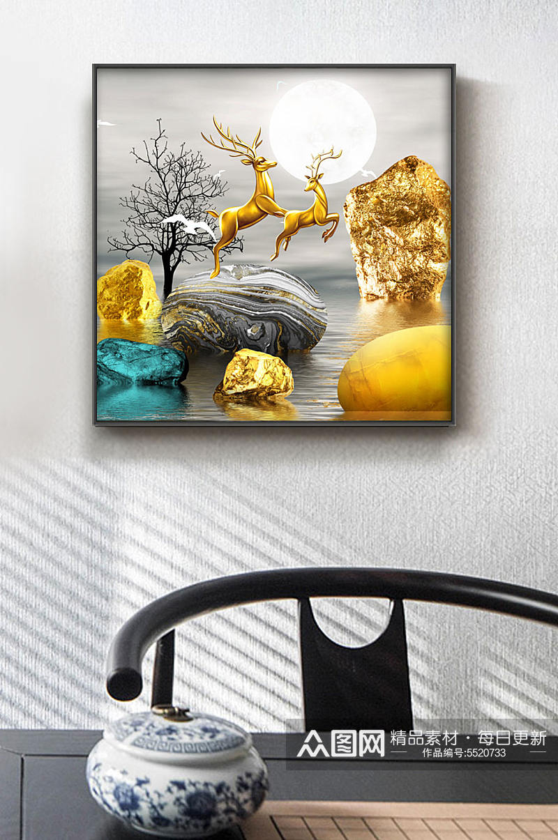简约风金色麋鹿装饰画图片素材
