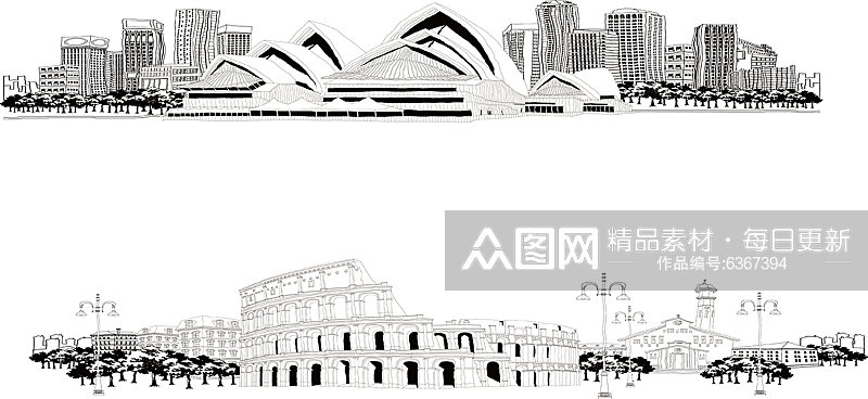 黑白欧洲建筑插画风景画素材