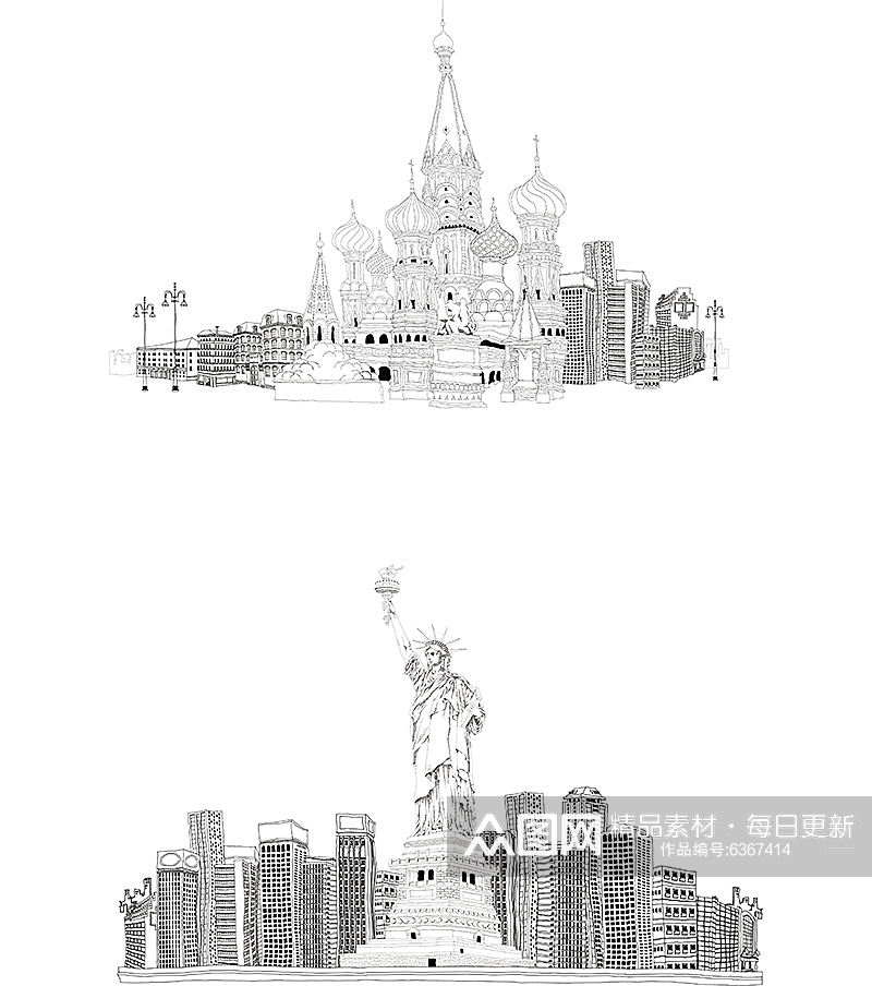 黑白欧洲建筑插画风景画素材
