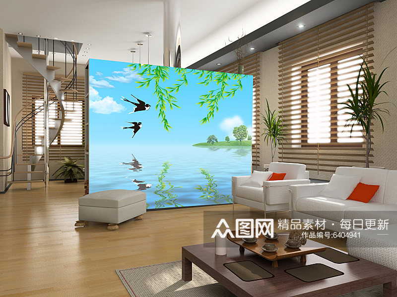 湖边柳条燕子风景画背景墙素材