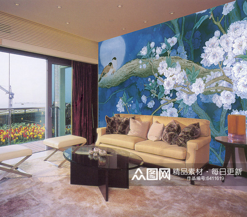 水彩花卉风景画背景墙素材