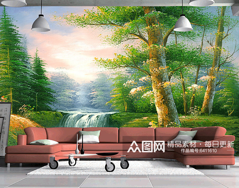 水彩大树湖畔风景画背景墙素材