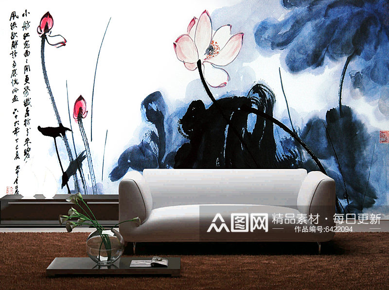 莲花水墨中式背景墙素材
