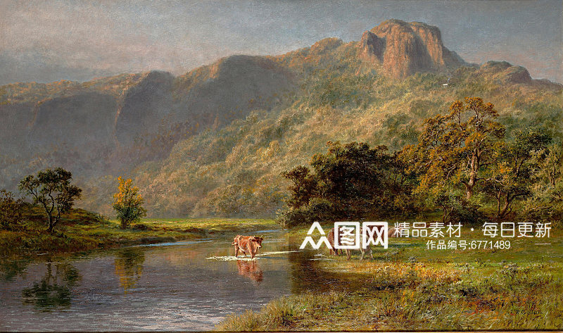 青山绿水湖畔欧洲油画装饰画素材