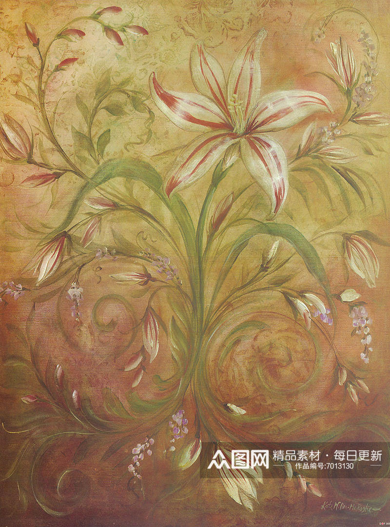 复古水彩植物油画装饰画素材