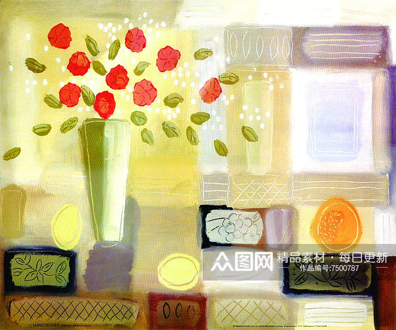 水彩花卉花瓶油画装饰画素材