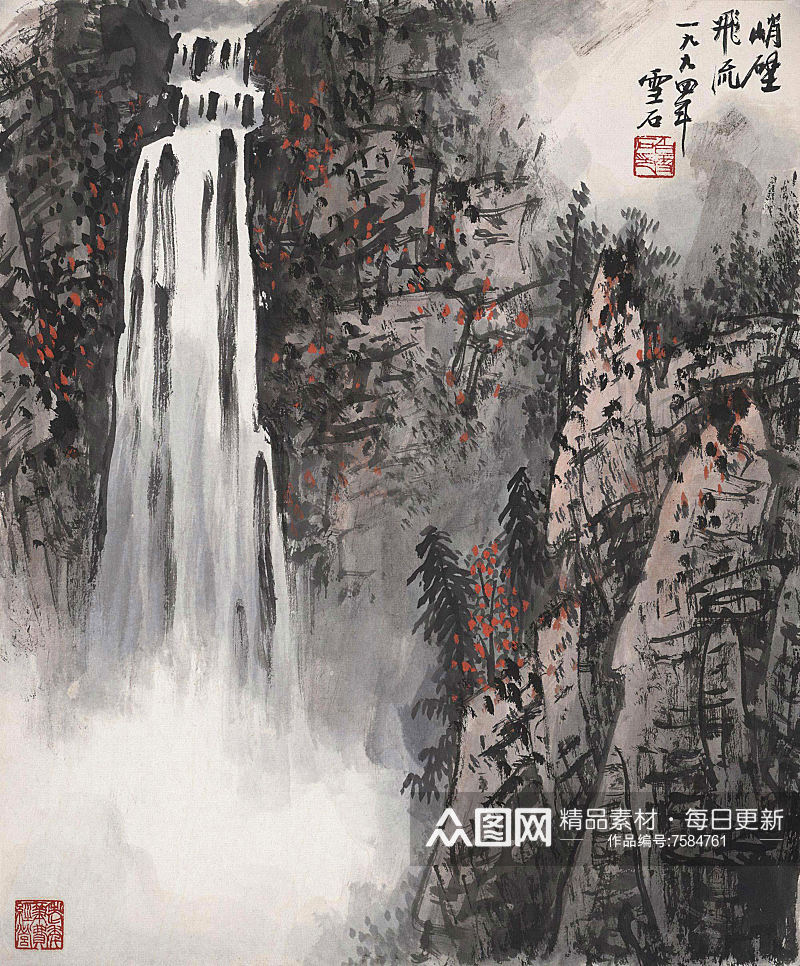 白雪石水墨山脉湖畔风景画素材