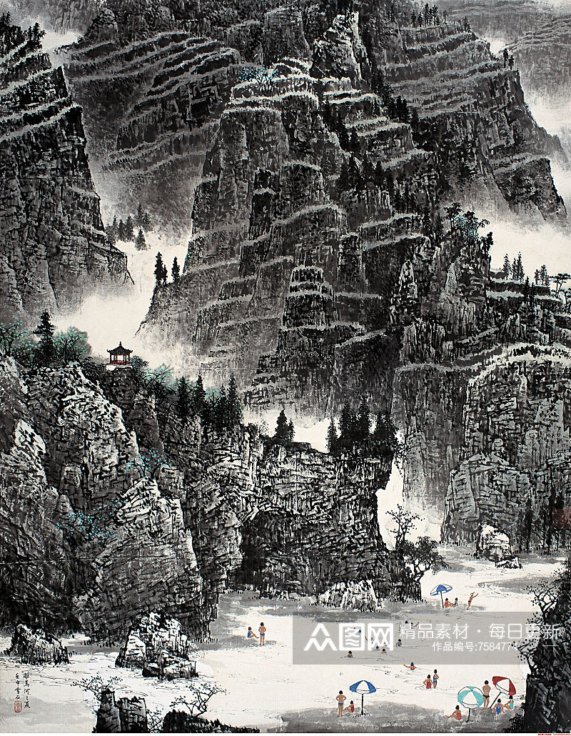 白雪石水墨山脉湖畔风景画素材