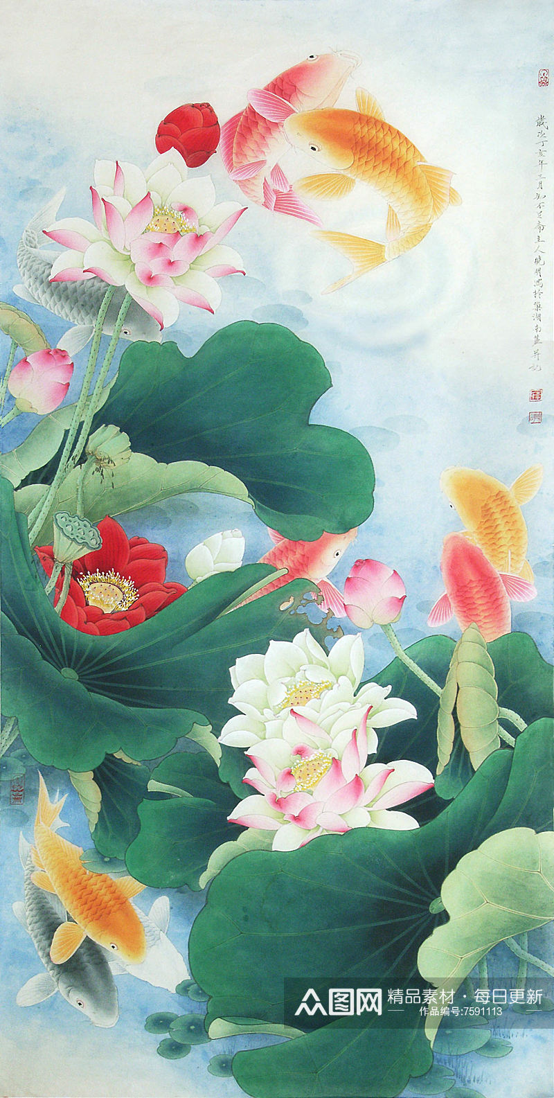 唯美莲花荷花工笔画素材