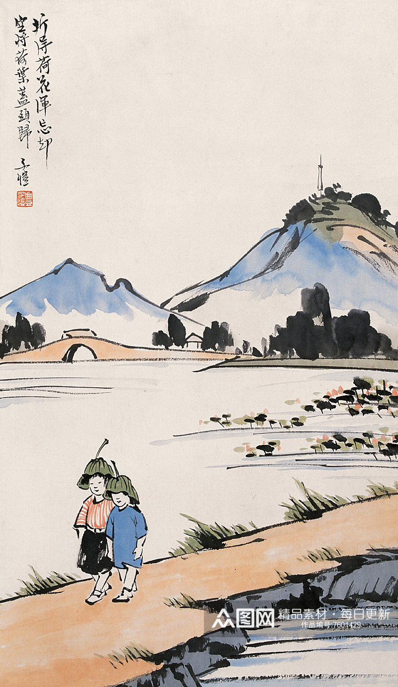 丰子恺中式风景画漫画素材