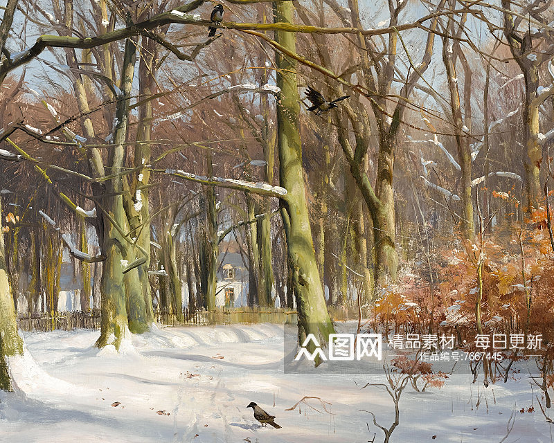 蒙德森油画风景画树林雪景素材