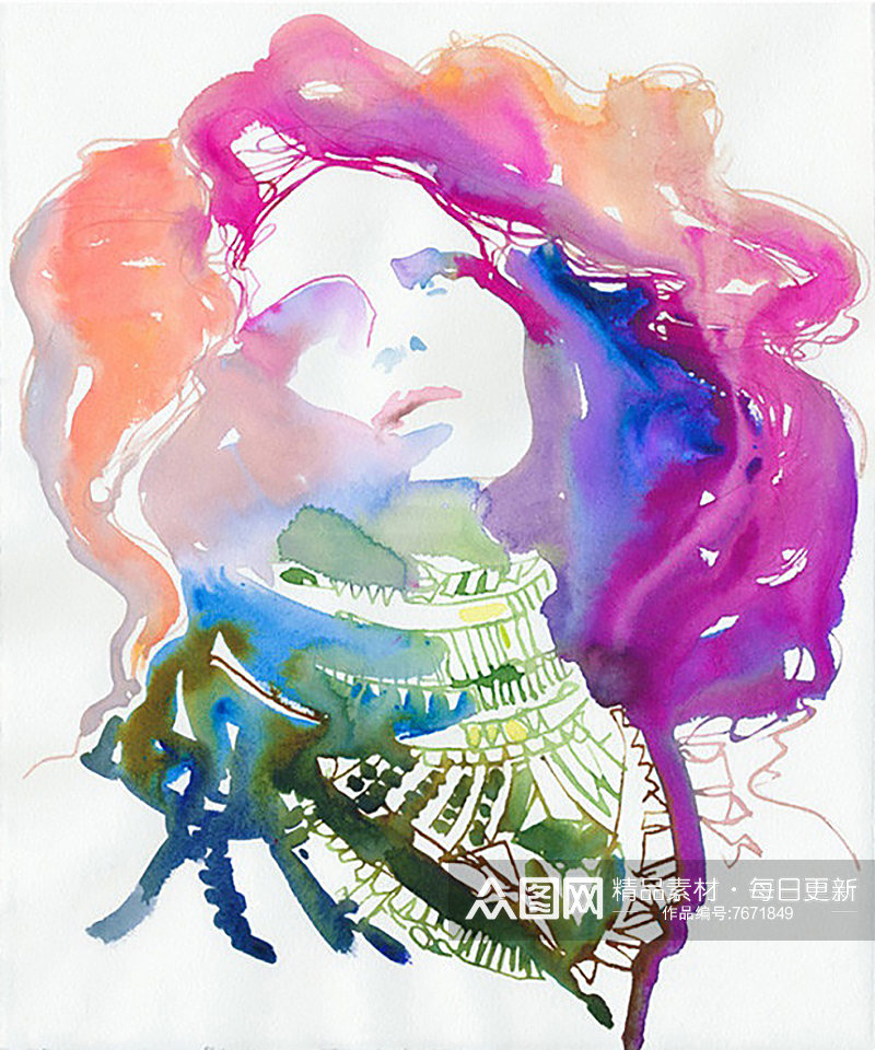 水彩手绘时尚美女头像插画素材