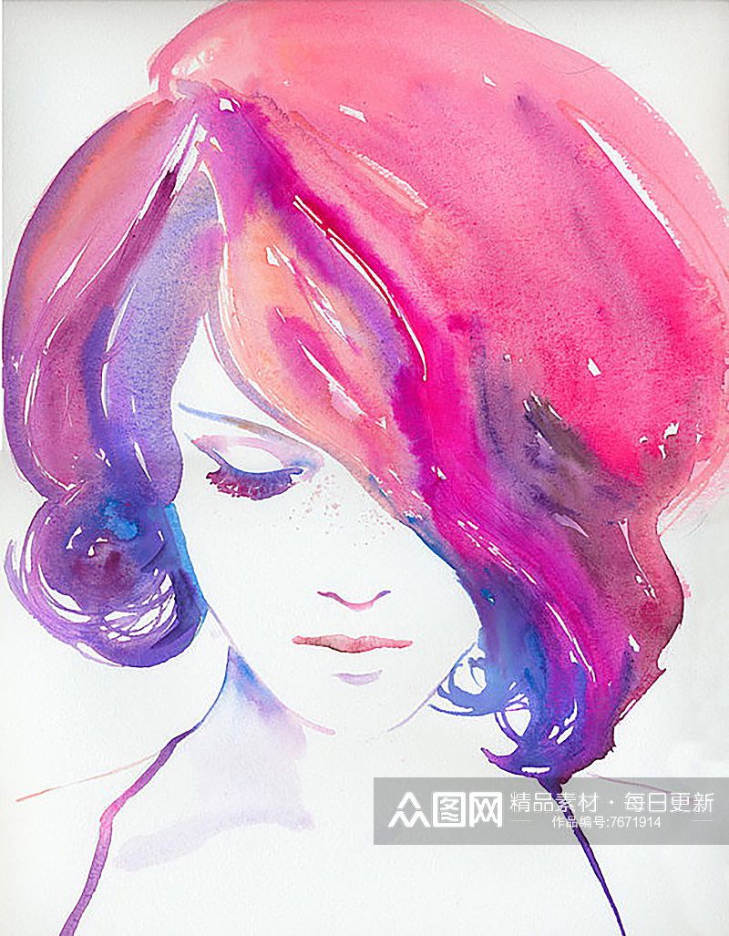 水墨水彩时尚美女头像插画素材