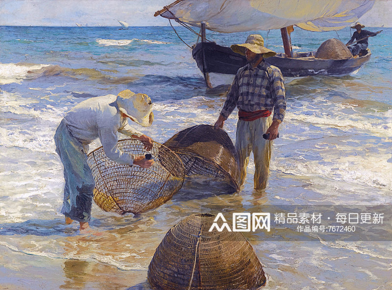 华金索罗拉海边人物油画风景画素材