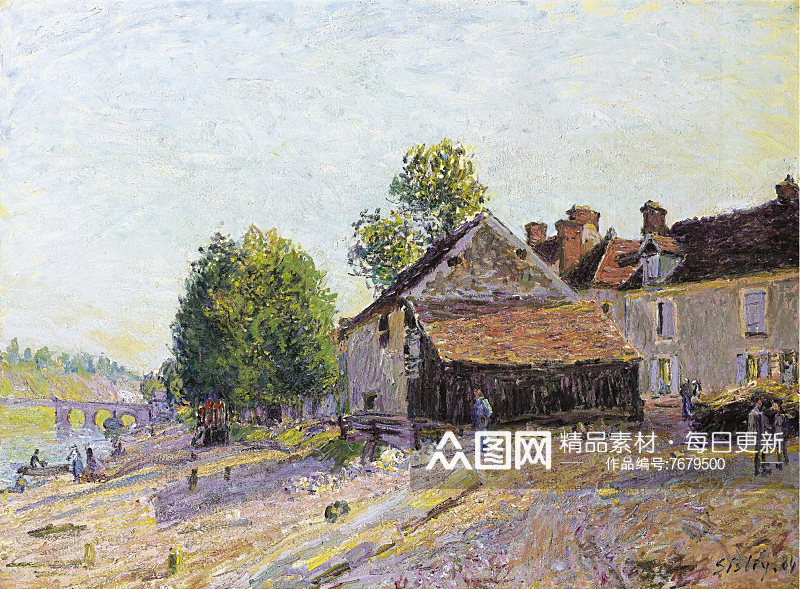 西斯莱油画草地房子乡村风景画素材