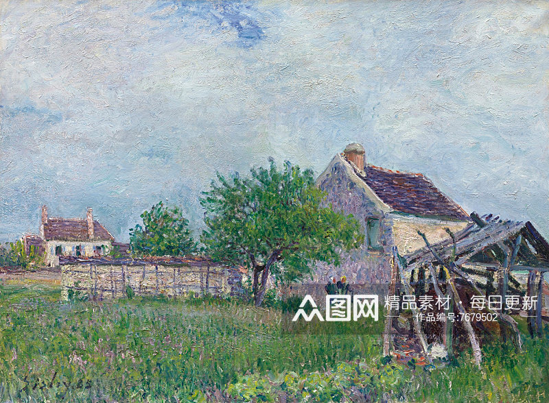 西斯莱油画草地房子乡村风景画素材