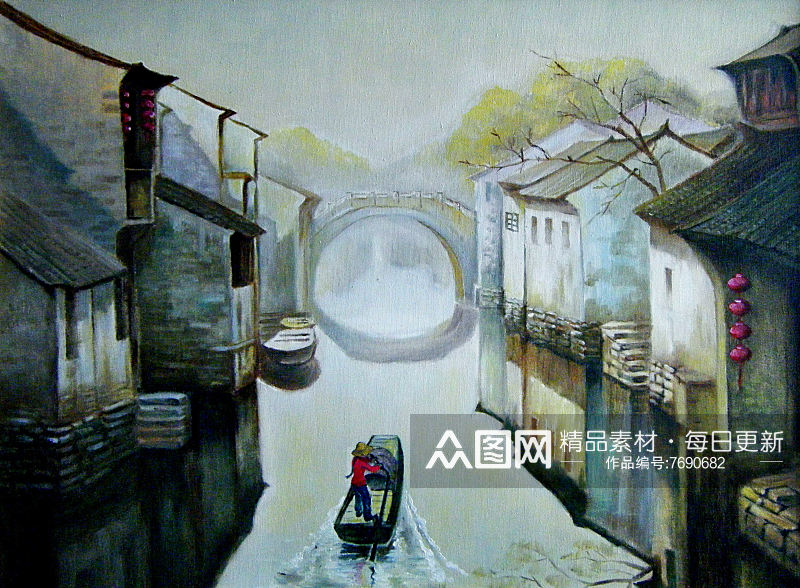 中国风江南水乡油画装饰画素材