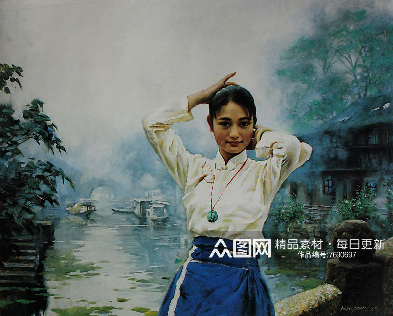 中国风江南水乡美景油画装饰画素材