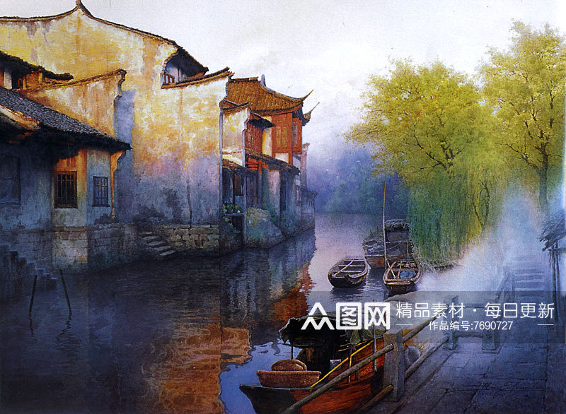 中国风江南水乡美景油画装饰画素材