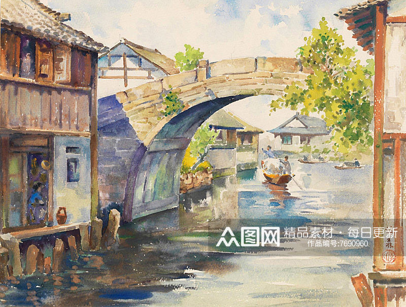 中国风江南水乡油画风景画素材