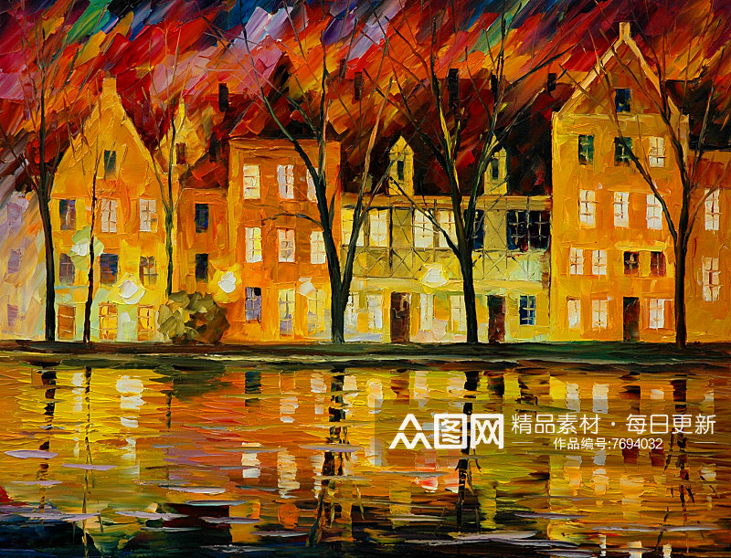 阿夫列莫夫油画抽象树林建筑湖畔风景画素材
