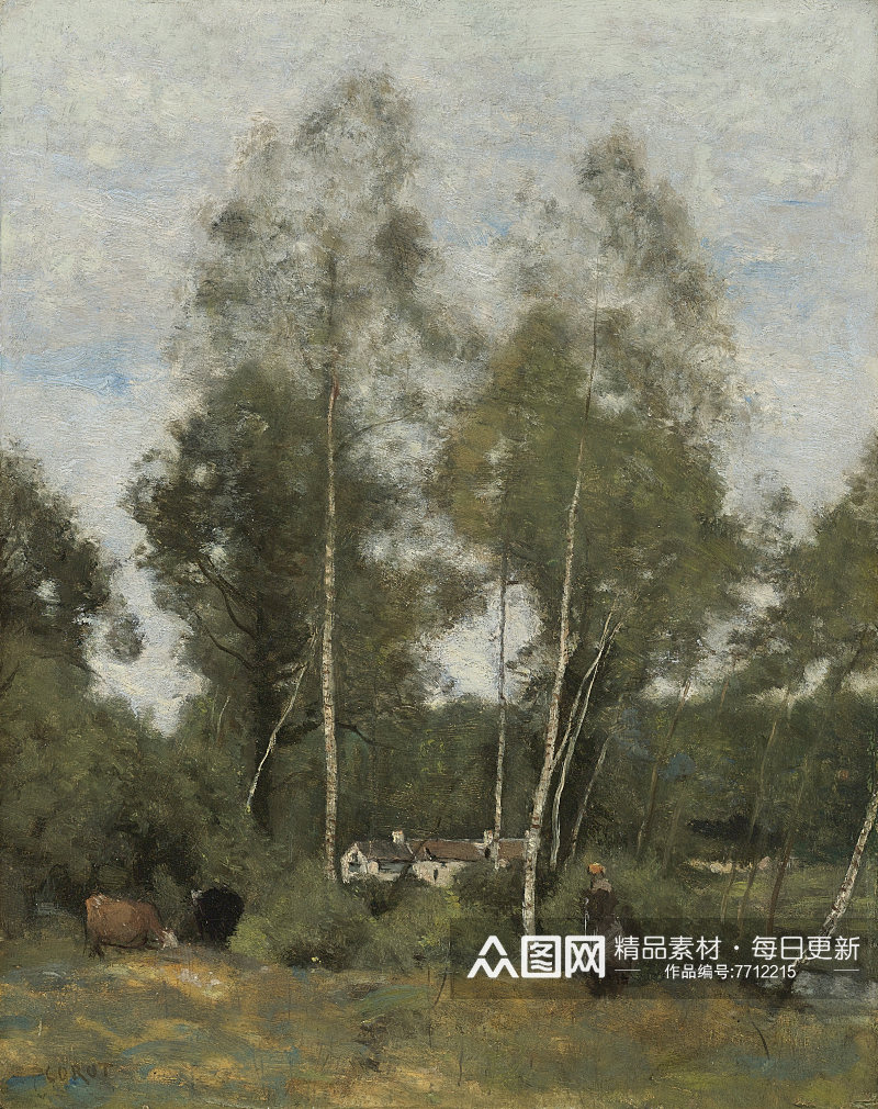 柯罗油画作品树林风景画素材