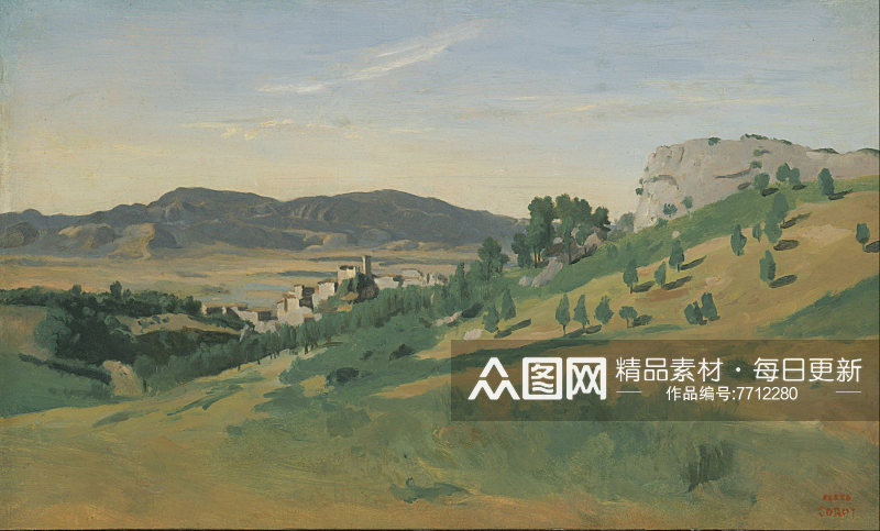 柯罗作品油画湖畔树林风景画素材