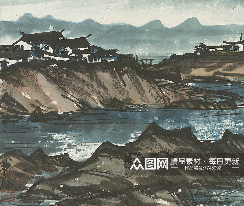 林风眠国画水彩树风景画素材