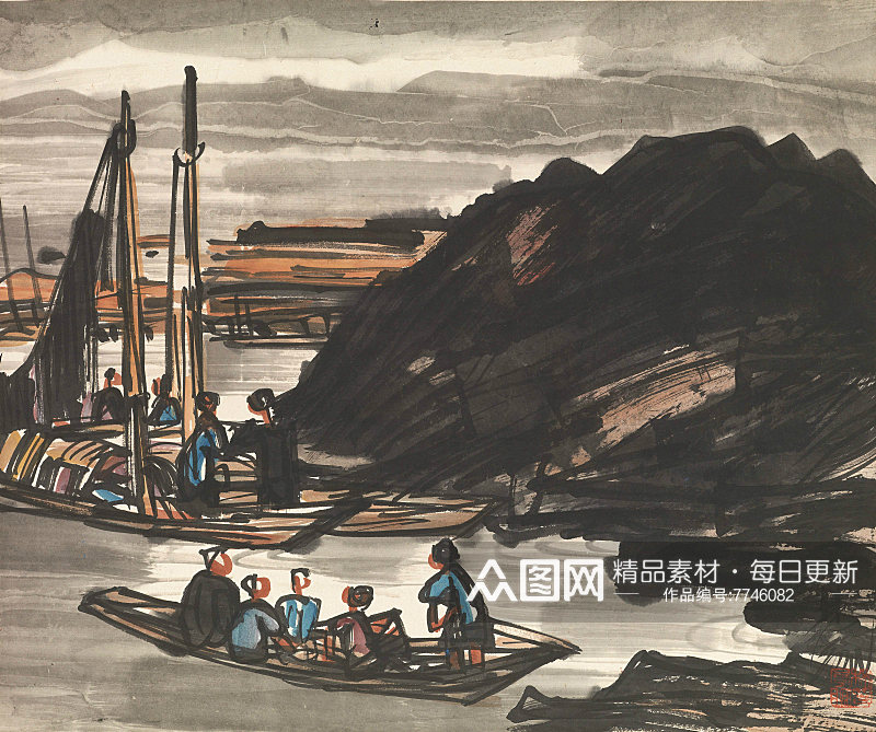 林风眠国画树林湖畔风景画素材