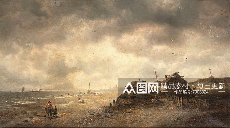 欧洲建筑树林油画风景画素材