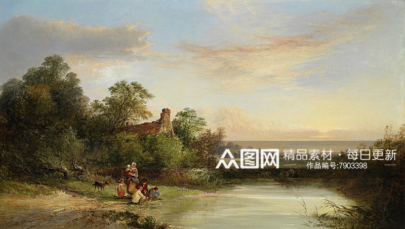 山林湖畔油画风景画素材